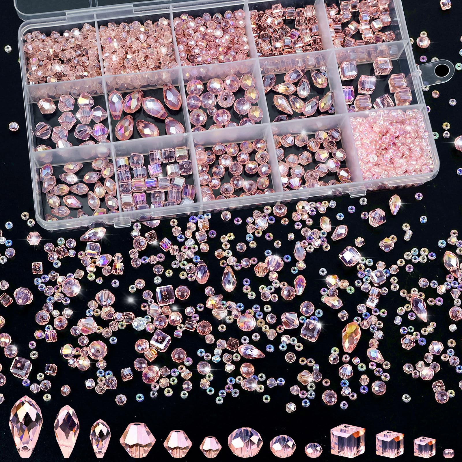 CHRORINE 2000PCS Crystals Glass Beads for Jewelry Making 13 Styles Crystals Beads Jewelry Making Supplies for Hand Made Crafts Necklace Bracelets Earring Making Kit (Pink)