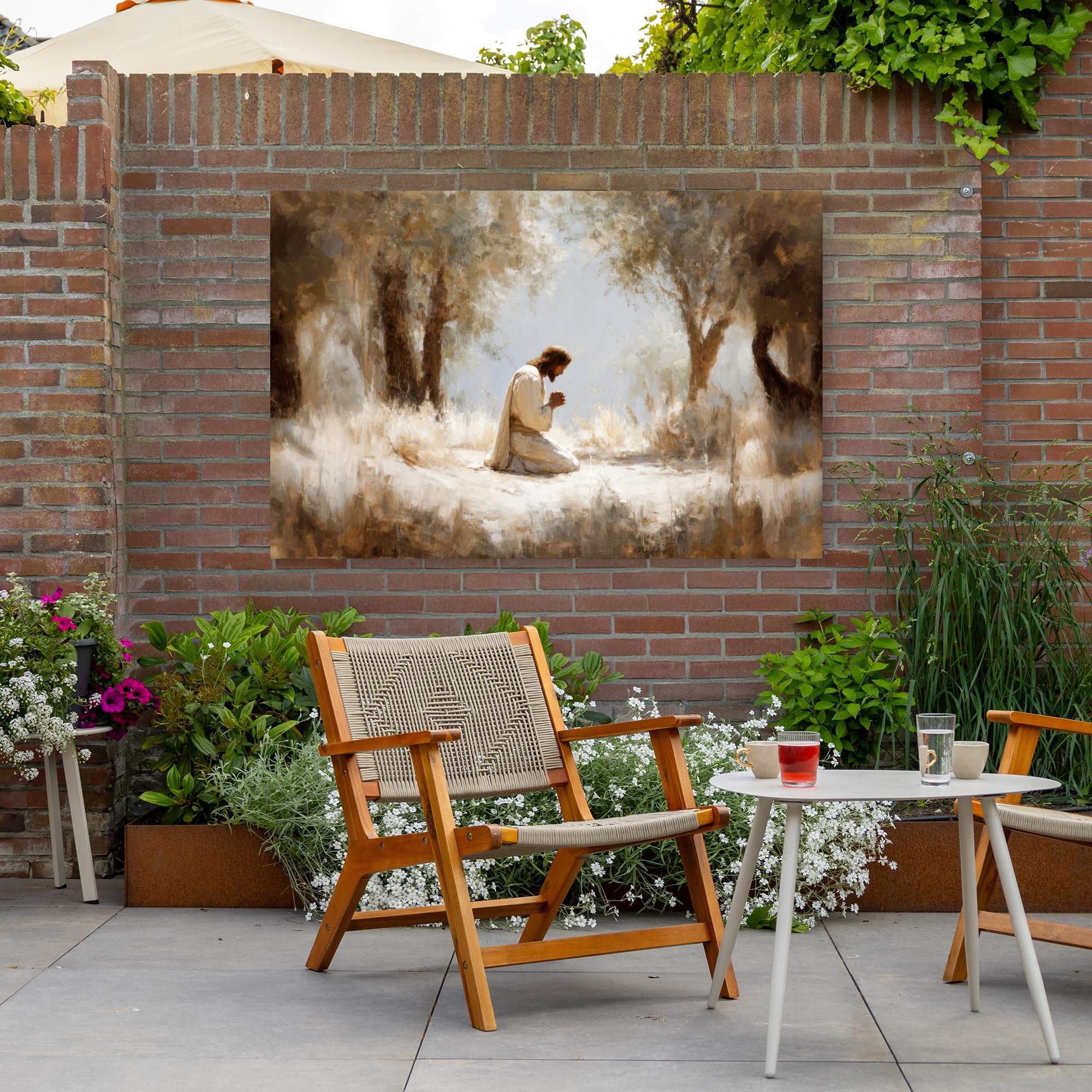 Gartenbilder 150x100 cm Wetterfeste Leinwand Outdoor Bild Terrasse Deko Balkon Wetterfest Gartenposter Foto Geschenk Draußen Jesus - Kniend - Waldlandschaft - Betend