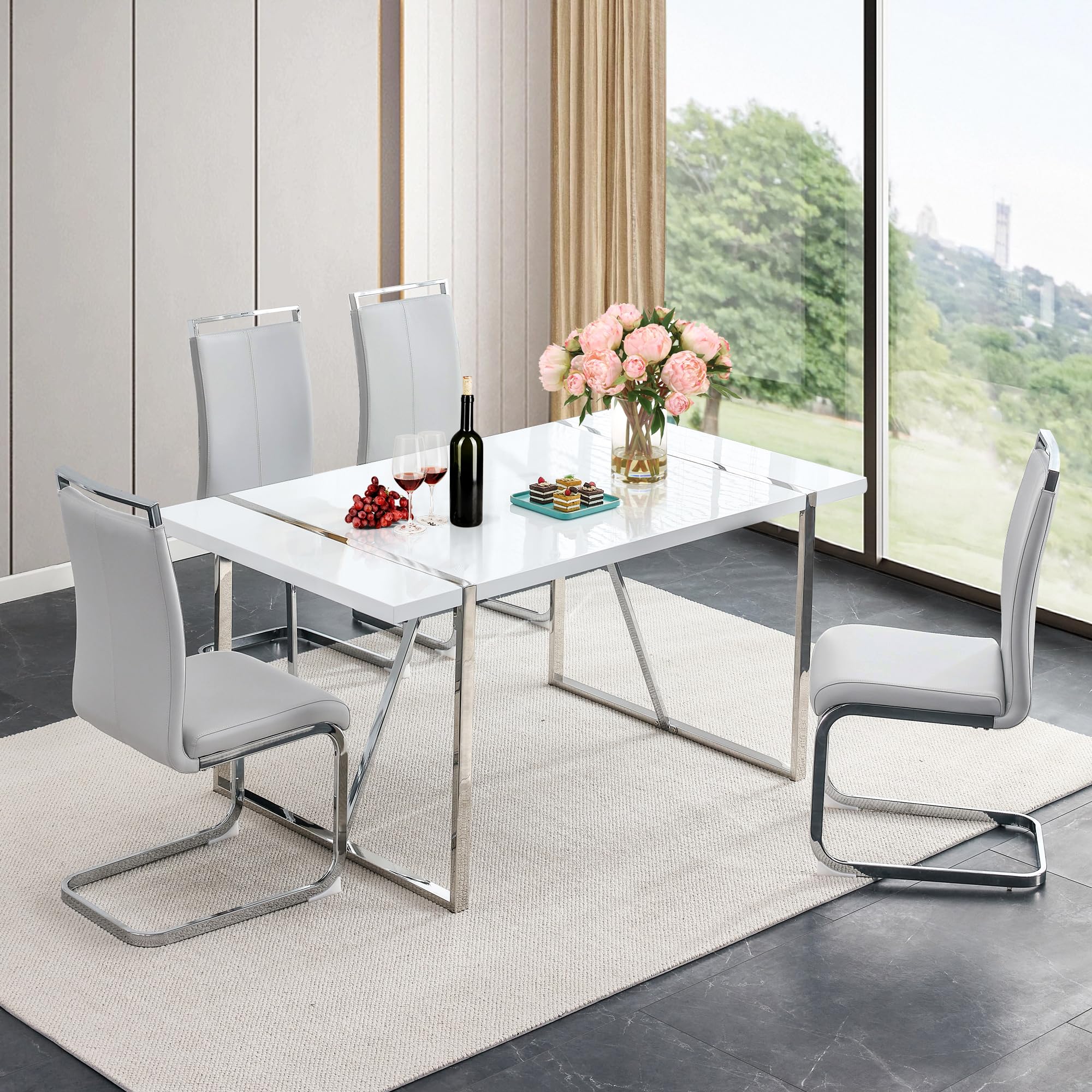 Dining Table Set for 4,Modern Rectangular Dining Room Table Set,55'' White Kitchen Table with 4 PU Leather High Back Dining Chairs,5-Piece Kitchen Dining Table Set for Dining Room