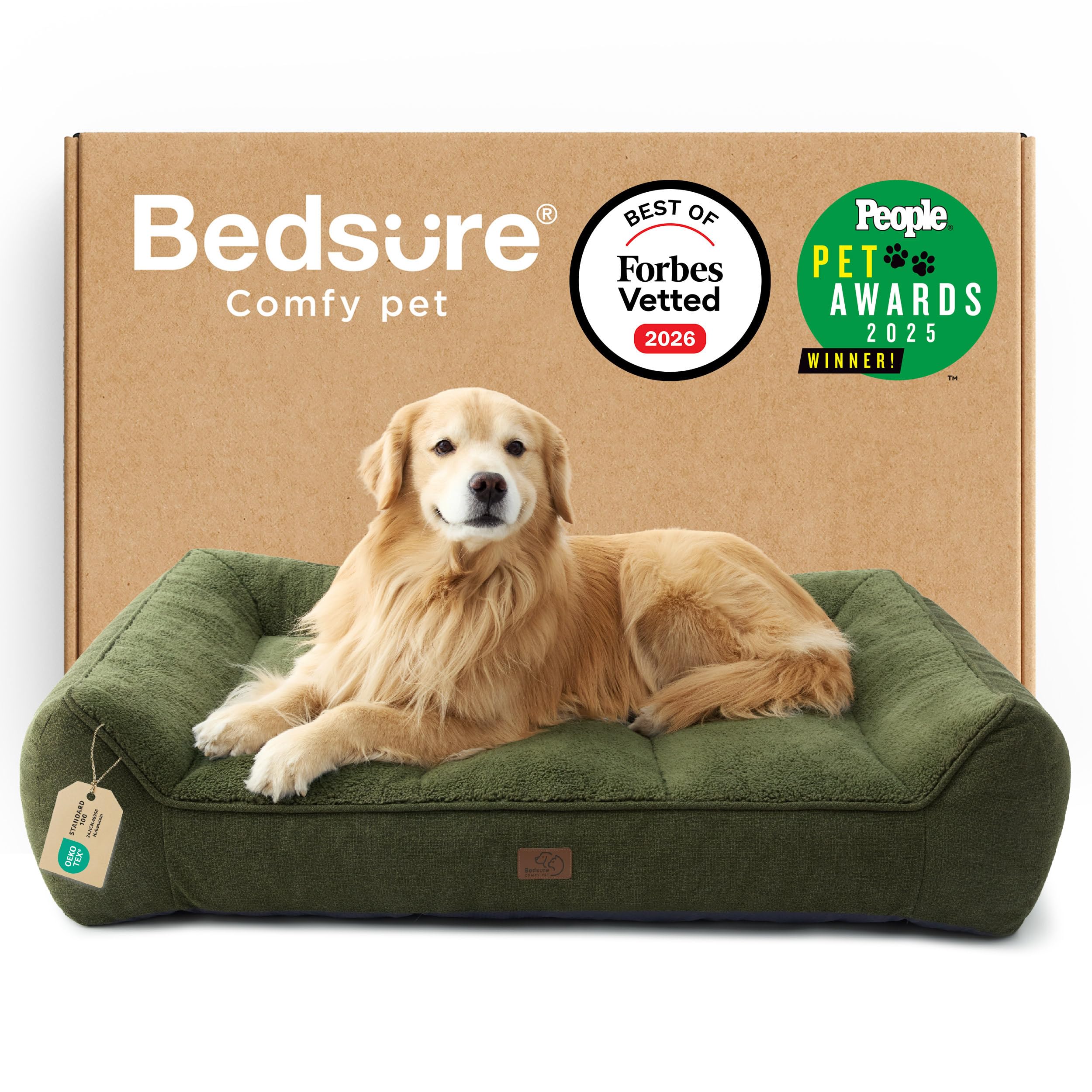 Bedsure Orthopedic Dog Beds Large - 122x89cm Extra Thick Supportive Dogs Couch with Waterproof Washable Cover, XL Plus Extra Large Pet Bed Sofa with Soft Plush Sherpa and Nonskid Bottom, Dark Green