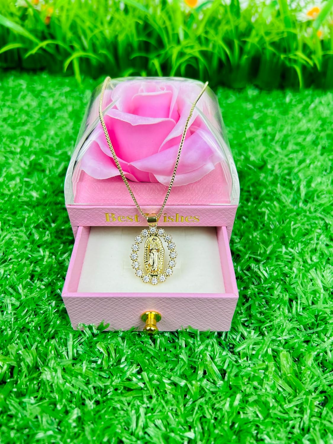 Virgin Mary Simulated Diamonds Necklace,14k Gold-Filled Round Medal Madonna Pendant Necklace - Image 7