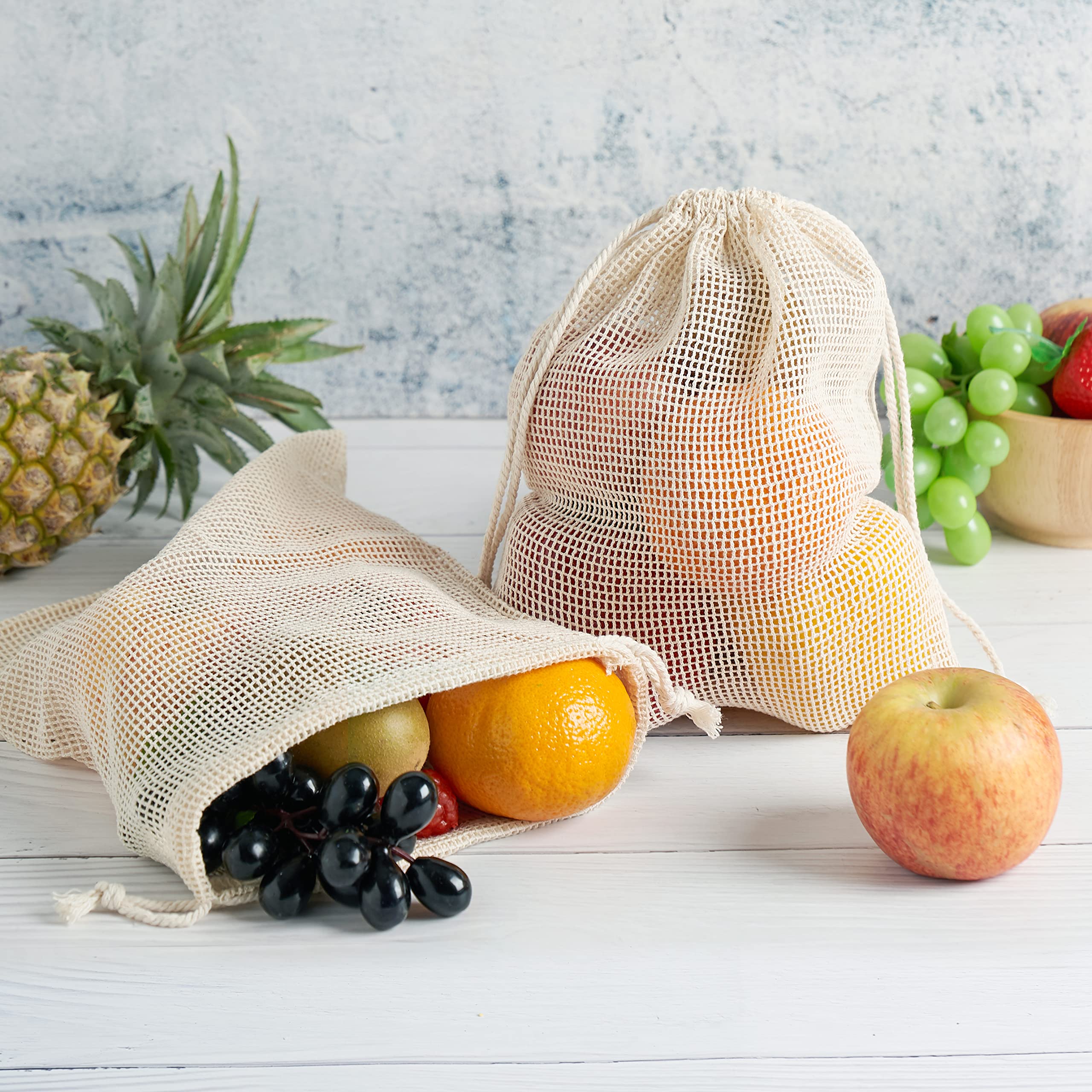 PALTERWEAR Bolsas de Malla 100% algodón Natural con Doble cordón para Hierbas, Frutos Secos, Frutas, Verduras, 20,3 x 25,4 cm, 5 Unidades