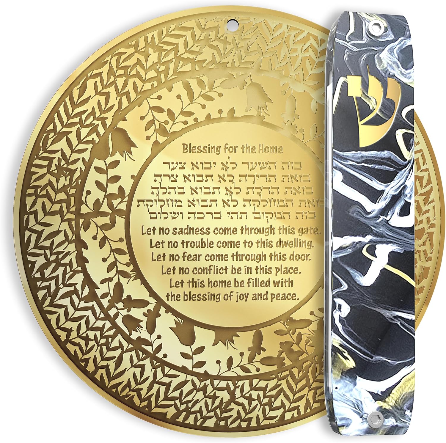 Home Blessing Gifts Hebrew and English Engraving 20 CM Diam Golden Mirror Acrylic and Handmade Modern Mezuzah for Door Without Kosher Classic Style Black Marble
