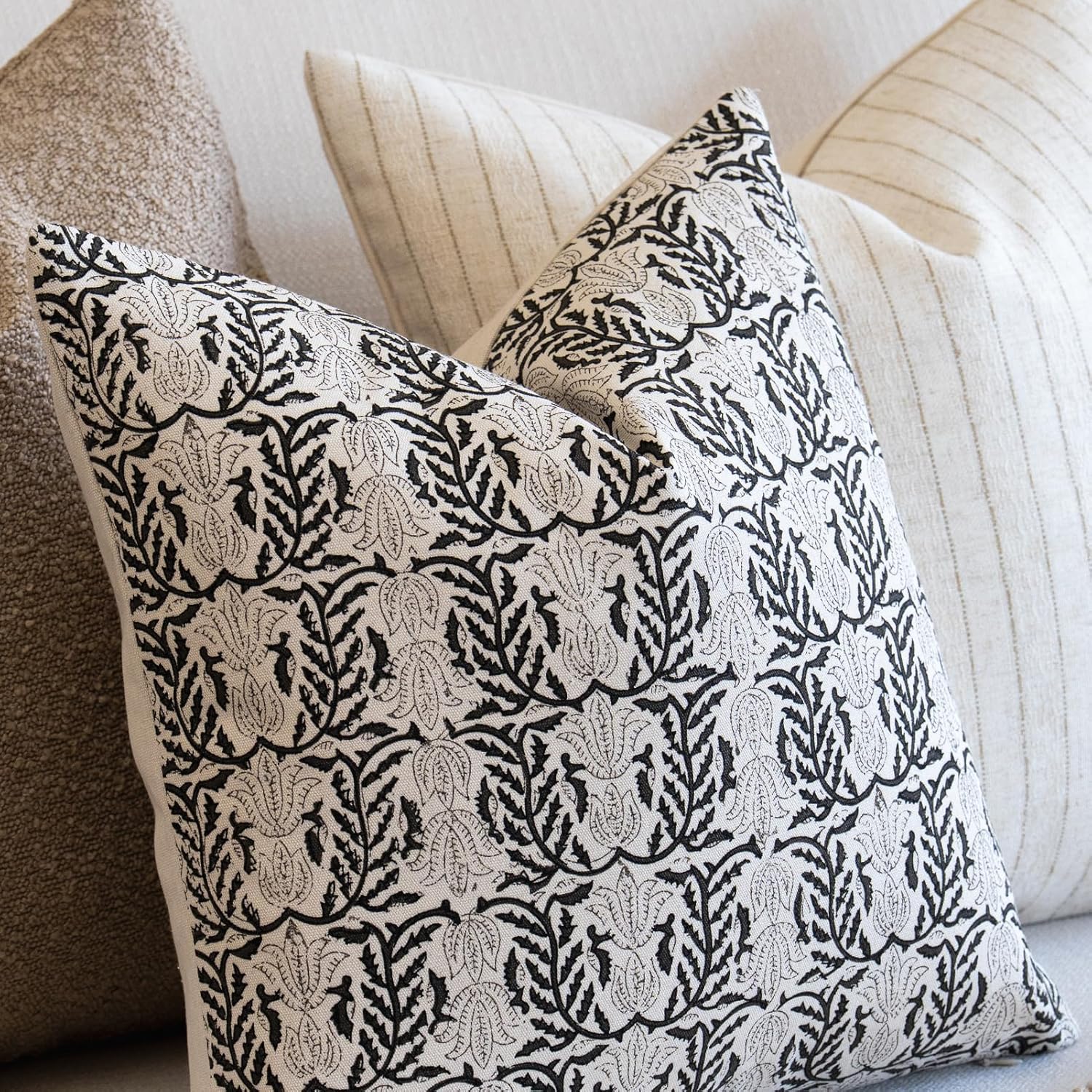 FIOUOVO Floral Throw Pillow Covers 18x18 Set of 2 Block Print Cushion Covers Farmhouse Neutral Accent Decorative Pillow Covers Home Decor for Sofa Couch Living Room Bedroom, Charcoal Black