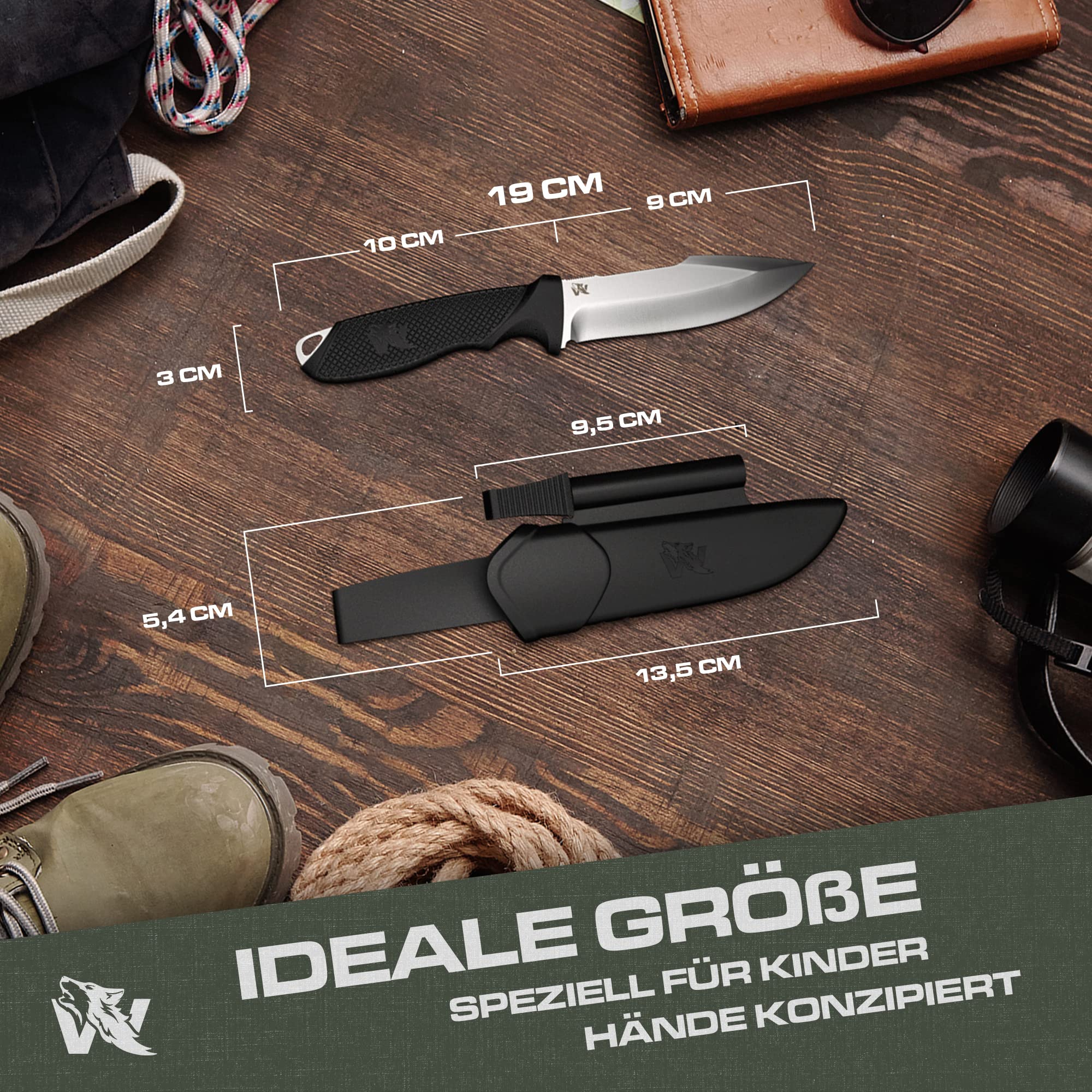 Wolfgangs W-KIDS - Schnitzmesser Kinder mit Süßem Kindermesser Führerschein - Outdoor Kinder Messer Set mit Scheide und Feuerstahl - DAS Kinder Schnitzmesser für das erste große Abenteuer
