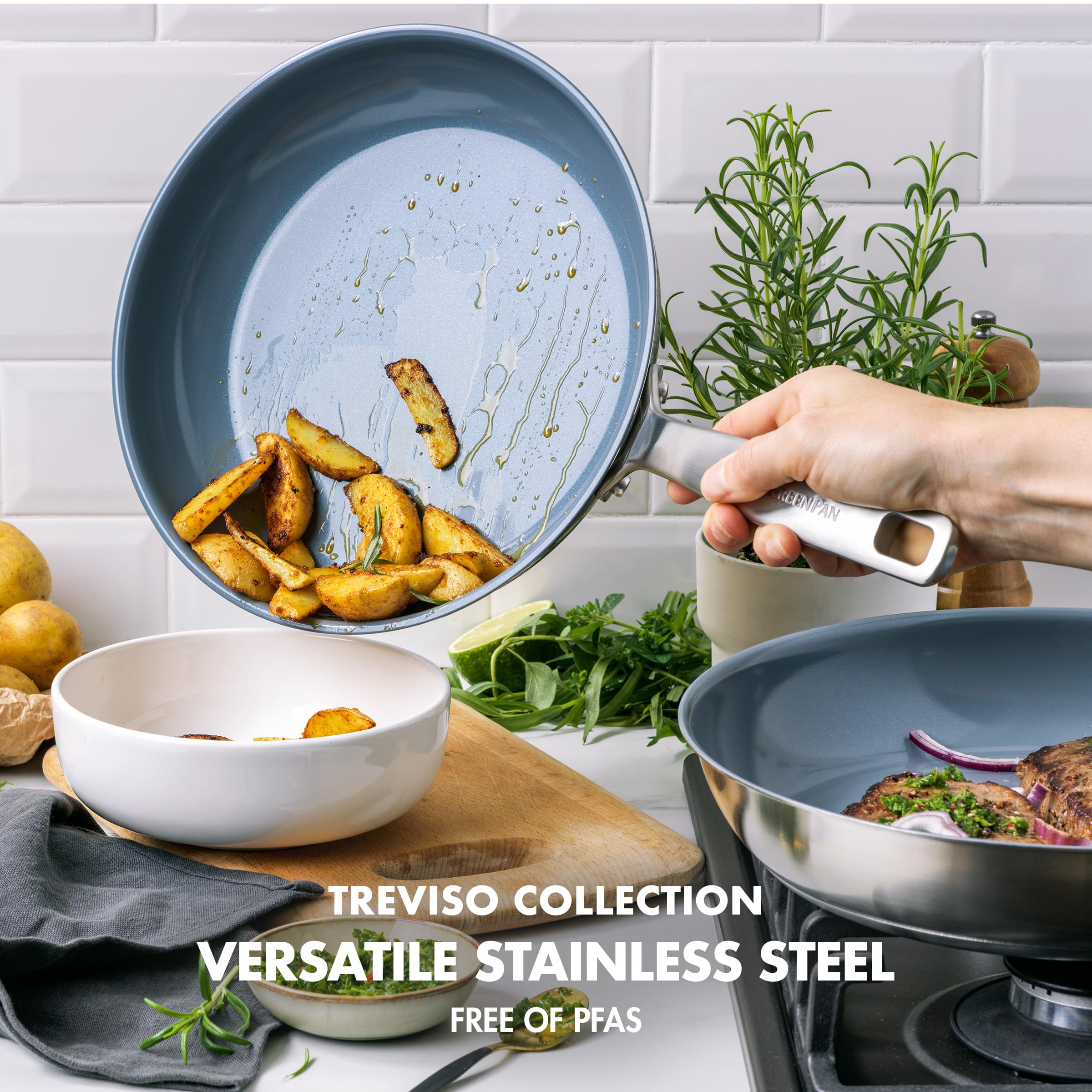 GreenPan Treviso Set di 2 Padelle in Acciaio Inox con Rivestimento Ceramico Antiaderente Sano, 24 cm e 28 cm, senza PFAS, Induzione, Forno e Lavastoviglie, Argento