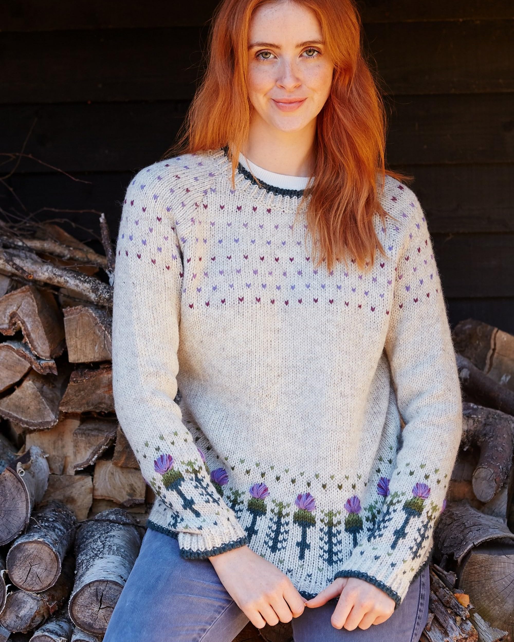 Pachamama Maglione da donna in lana lavorato a mano con cardo scozzese color farina d'avena fatto a mano spesso caldo pullover maglione commercio equo e