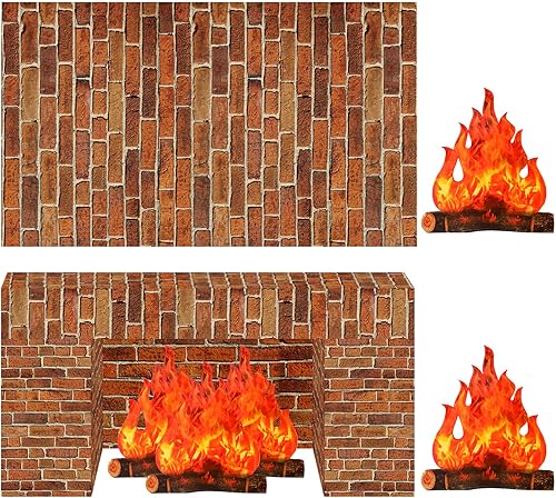 4 piezas de fondo de pared de ladrillo rojo oscuro de Navidad para fiesta, papel tapiz de ladrillo de plástico, papel tapiz de llama de fuego