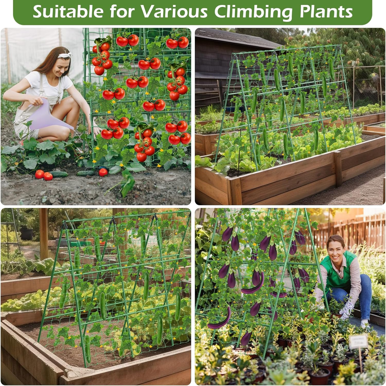 Cucumber Trellis for Raised Beds, 45 x 53 Inch Adjustable Size A-Frame Garden Trellis for Climbing Plant Outdoors with Climbing Net and Plant Support Clip for Vegetable Grape Tomato Bean Pea