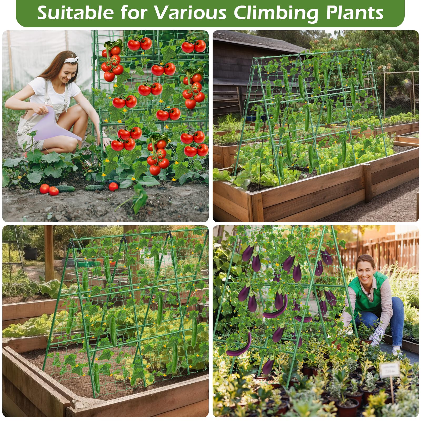 Gurken-Rankhilfe für Hochbeete, 45 x 53 Zoll Verstellbares A-Rahmen-Gartengerüst für Kletterpflanzen im Freien mit Kletternetz und Pflanzstützclip Ideal für Gemüse, Weintrauben, Tomaten & Gartenbedarf