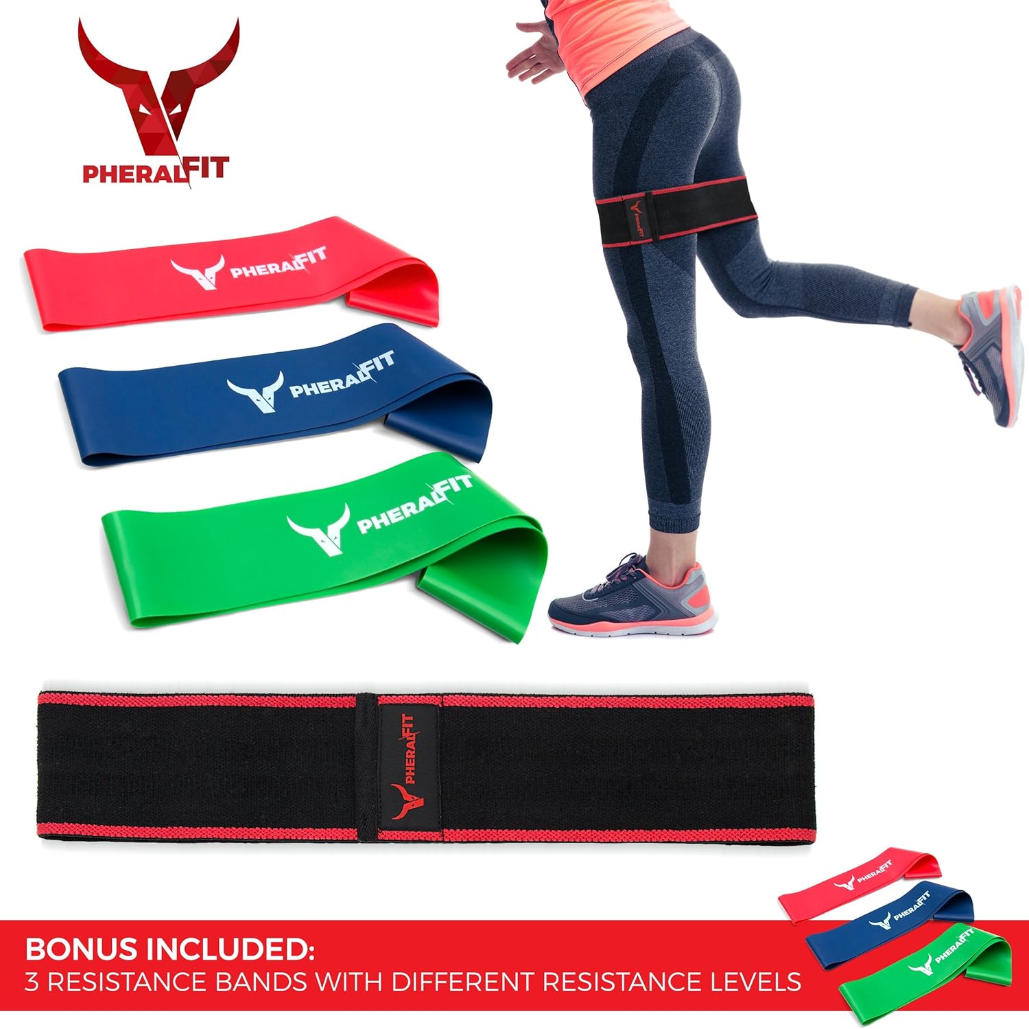 PHERAL FIT Exercise Hip Band - Hip Circle Band + 3 Resistance Loops INCLUDED - Hip Abductor Hip Resistance Band For Legs - Glute Exercise Band - Squat Band - Booty Band (1-Pack, Small (under 150 LBS))