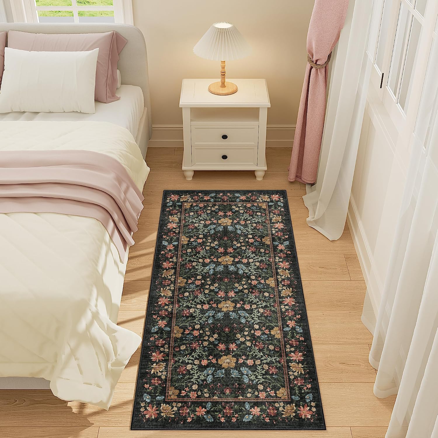 DUKINO 2x4 Rug for Entryway, Lightweight Washable Runner Rug with Non Slip Backing, Vintage Floral Low Pile Small Carpet Runner for Kitchen, Hallway, Entryway, Bathroom, Bedroom, Black