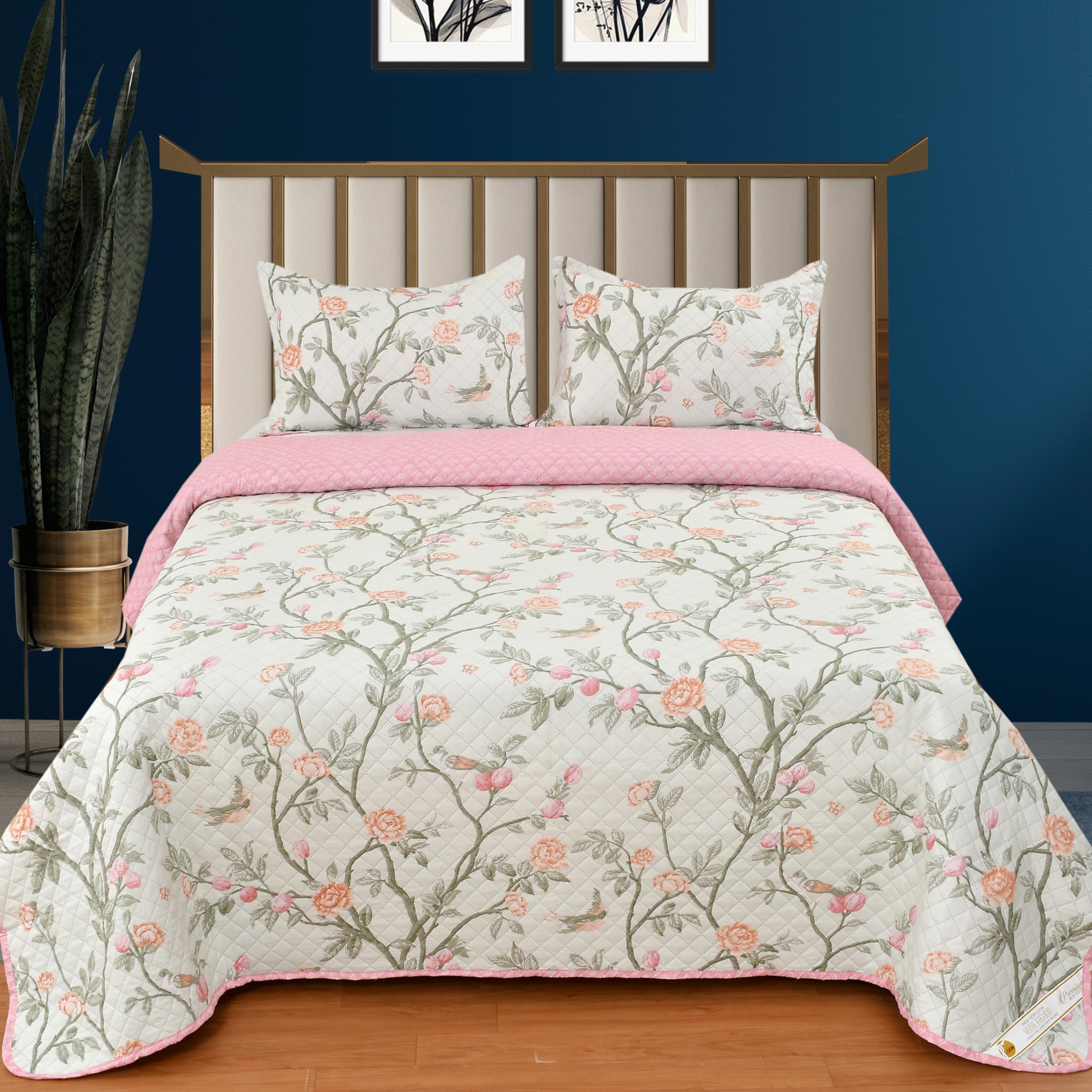 MallowWorld® All Weather 3 Pcs 100% Cotton Ultrasonic 280 Tc Printed King Size Quilted Bed Cover/Bedsheet with 2 Pillow Case, (Pink White, 90X100 Inches, 254X228 cm) (B0D6RWX91T) Amazon Price History, Amazon Price Tracker