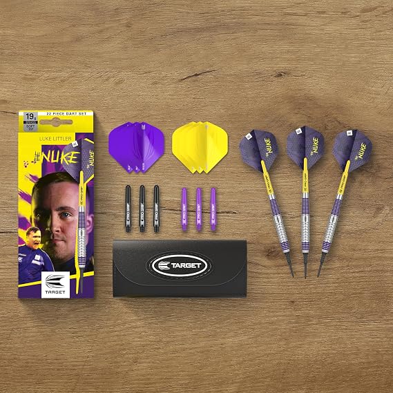 Target Darts Luke Littler Brass Soft Tip Darts Set 19G Pixel Tip Dart, The Nuke Player Edition Dart Set, Dart Flights, Shafts & Dart Case Included | Professional Dart Accessories