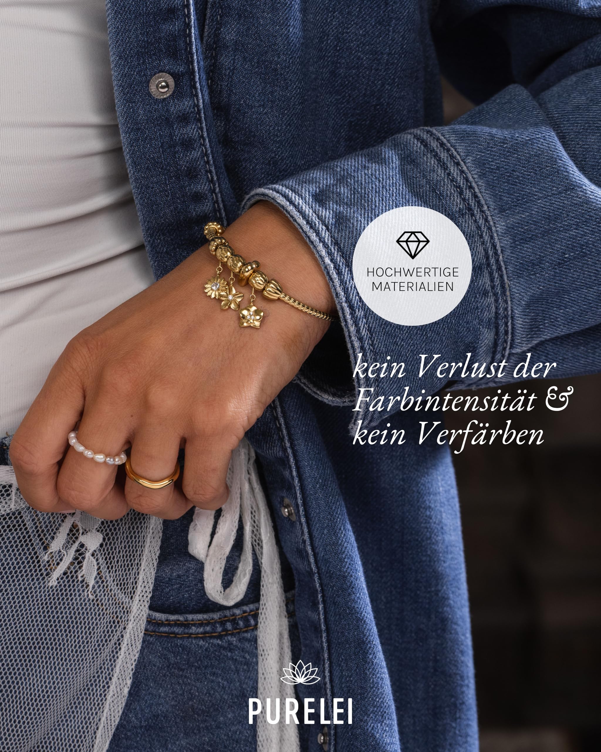 Purelei LEI Charm Armreif – Wasserfestes Damen Armband aus Edelstahl (14K vergoldet) – Armreif für LEI Charms mit Stopper-Charm – Schmuck für deinen individuellen Look