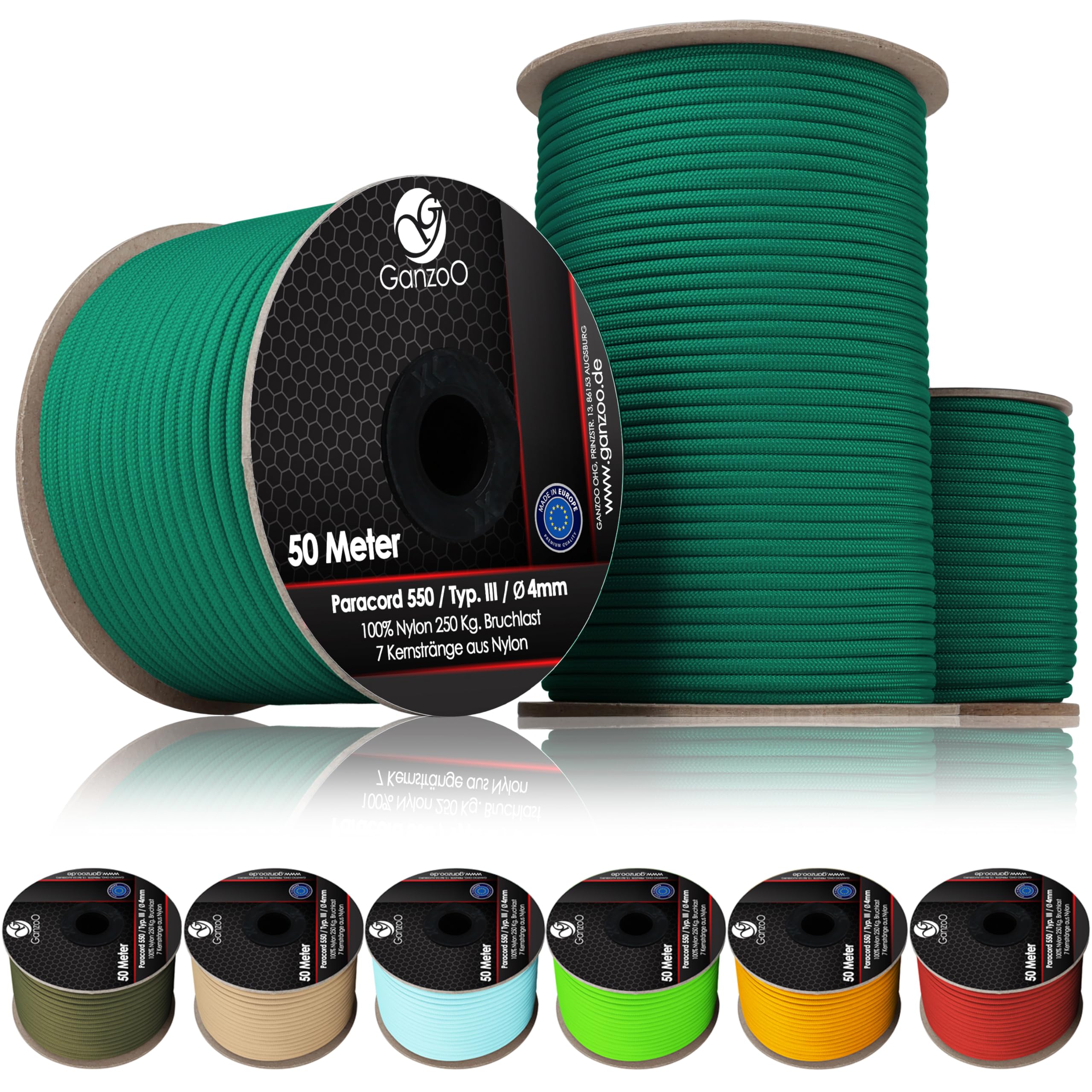 Ganzoo Paracord 550 Tipo 3 de 4 mm en rollo de 50 m color verde esmeralda