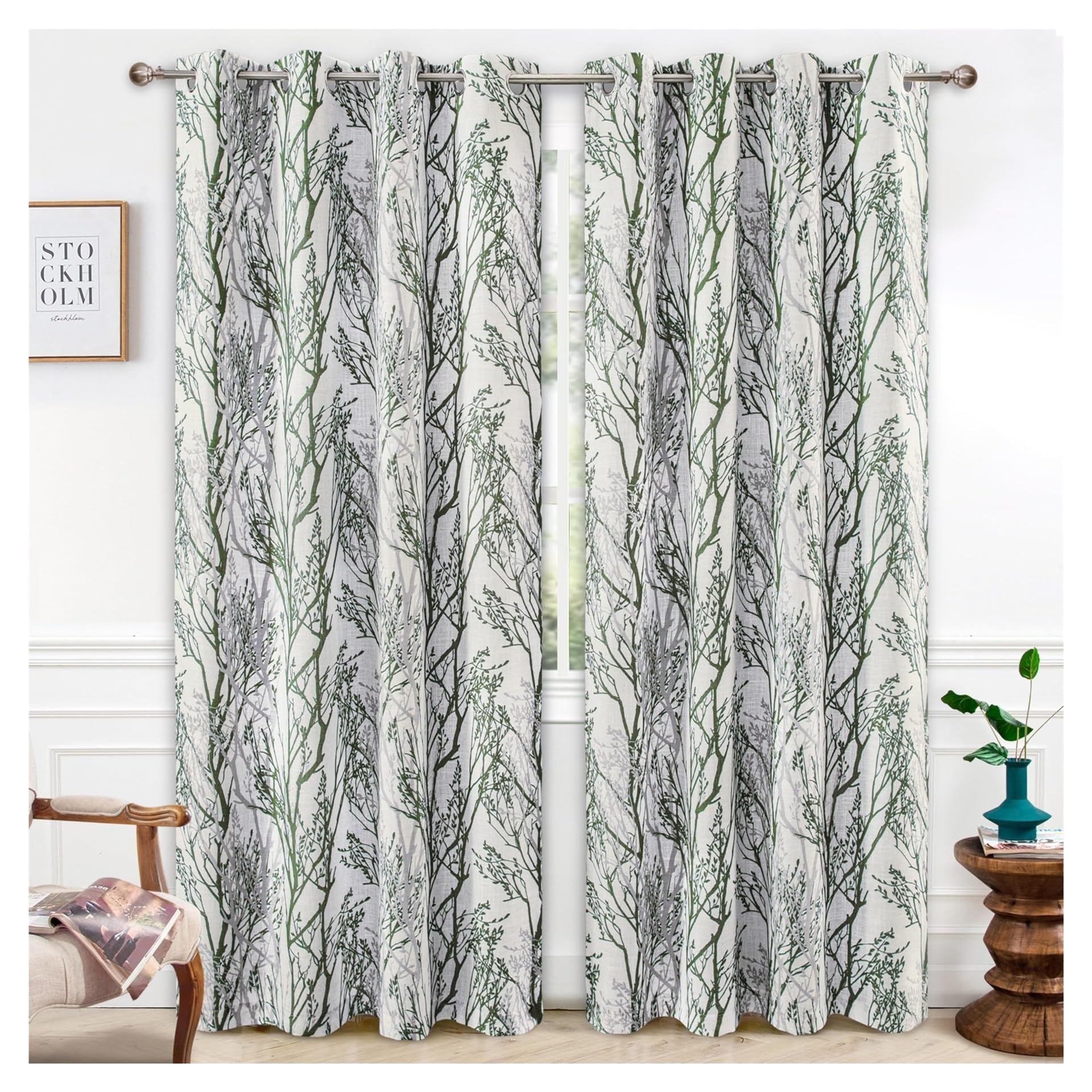 ESHDGFYB Outdoor Curtains, Grey Tree Branch Outdoor Curtains, Sun Blocking Grommet Outside Curtain Weighted Drapes for Gazebo Porch Pergola, 2 Panels(5,52in*63in)
