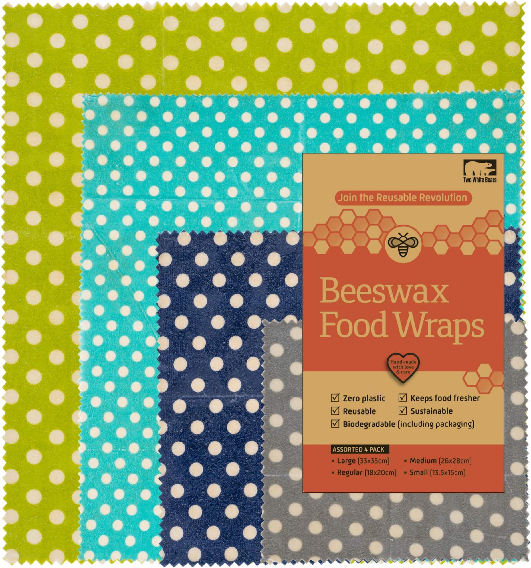 Beeswax Wraps Set of 4 - Reusable Wax Wrap for Food Storage. One Tree Planted per Purchase. Zero Waste Alternative to Cling Film, Silicone Covers & Sandwich Bags. 4 Sizes/Designs by Two White Bears