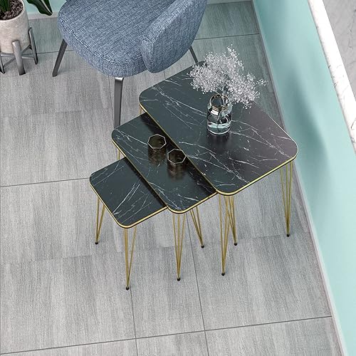 Miniatura 9 de Juego de 3 anidados redondos, base moderna de aspecto de grano de madera para mesas de centro o mesitas de noche, mesa auxiliar, mesa auxiliar