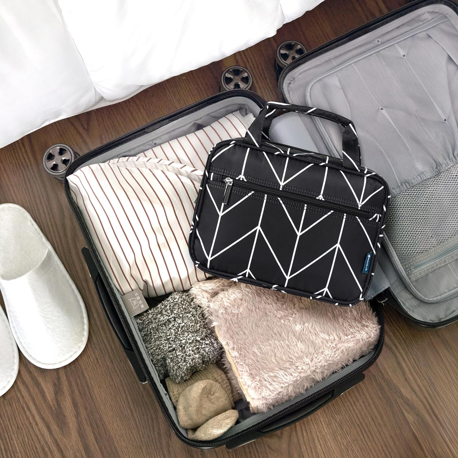 PAVILIA Hanging Toiletry Bag Travel Bag Women Men, Foldable Cosmetic Organizer, Roll up Makeup Bag, Water Resistant Accessories Toiletries, Large Travel Essentials Kit (Black Chevron) - Image 6