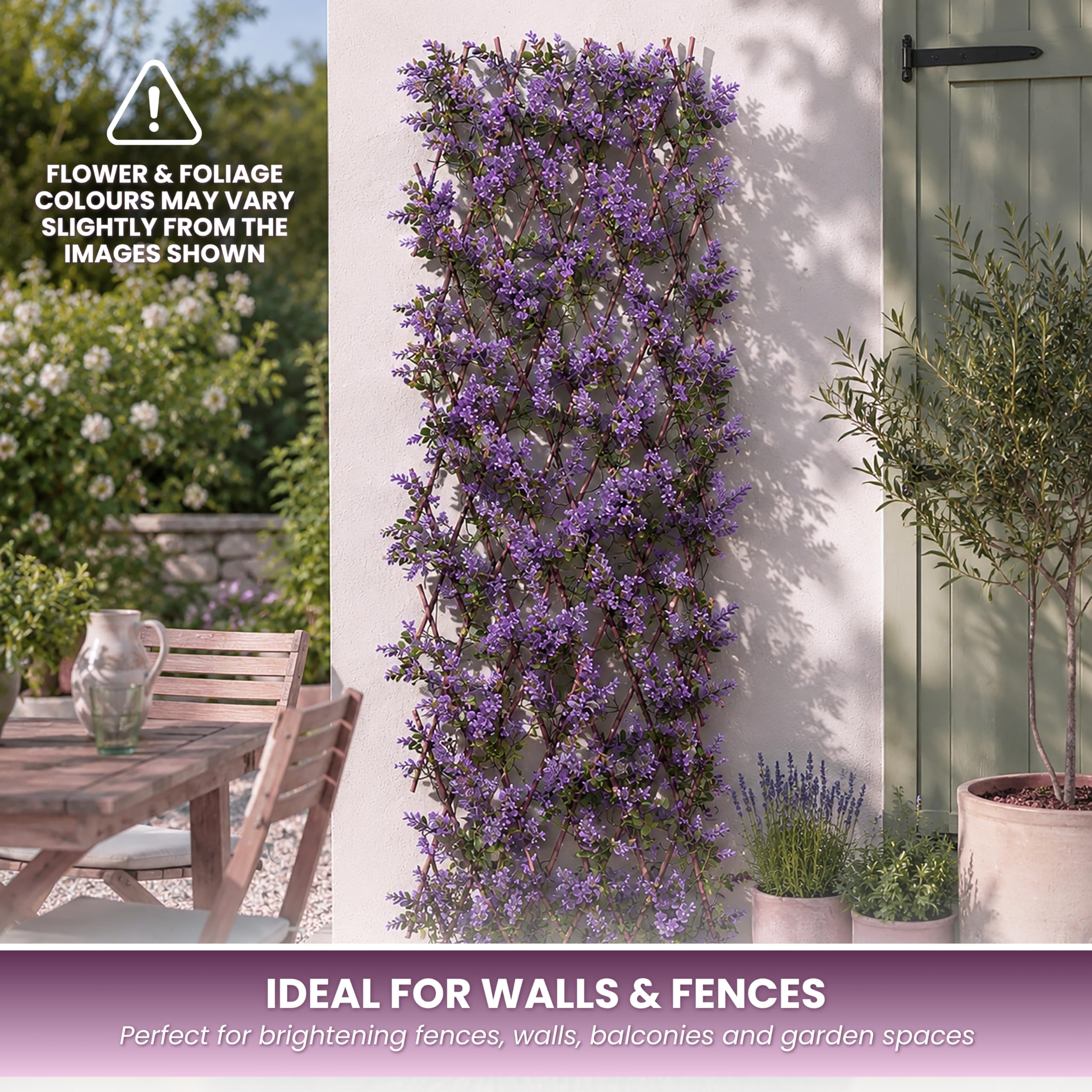 Garden Mile Treillis de fleurs violettes artificielles extensibles de 180 x 60 cm avec fausses feuilles pour jardin, clôture, panneau mural décoratif, balcon, terrasse