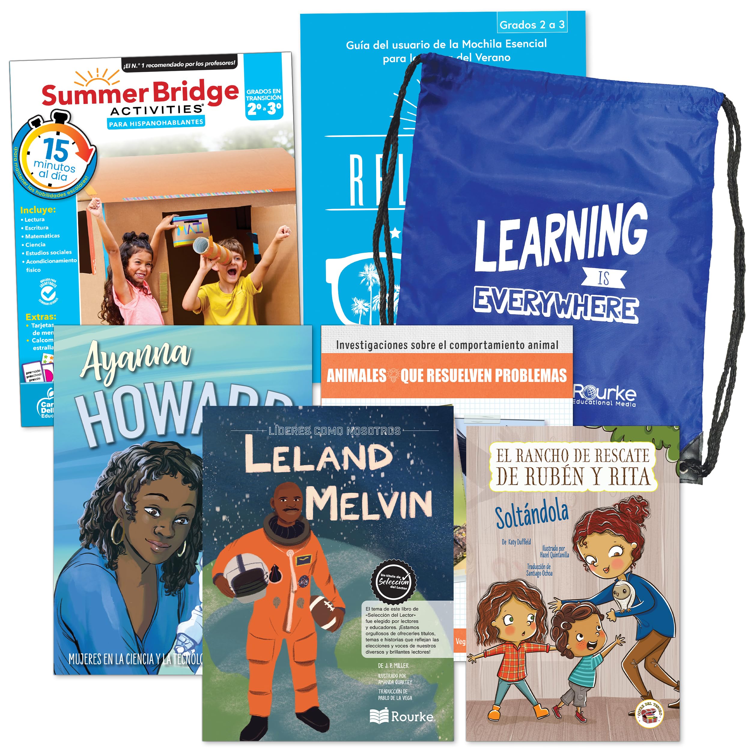 Summer Bridge Activities Grades 2-3 Spanish Summer Learning Backpack, Spanish Language 2nd Grade to 3rd Grade Workbook All Subjects, Flash Cards, and Nonfiction & Fiction Children's Books