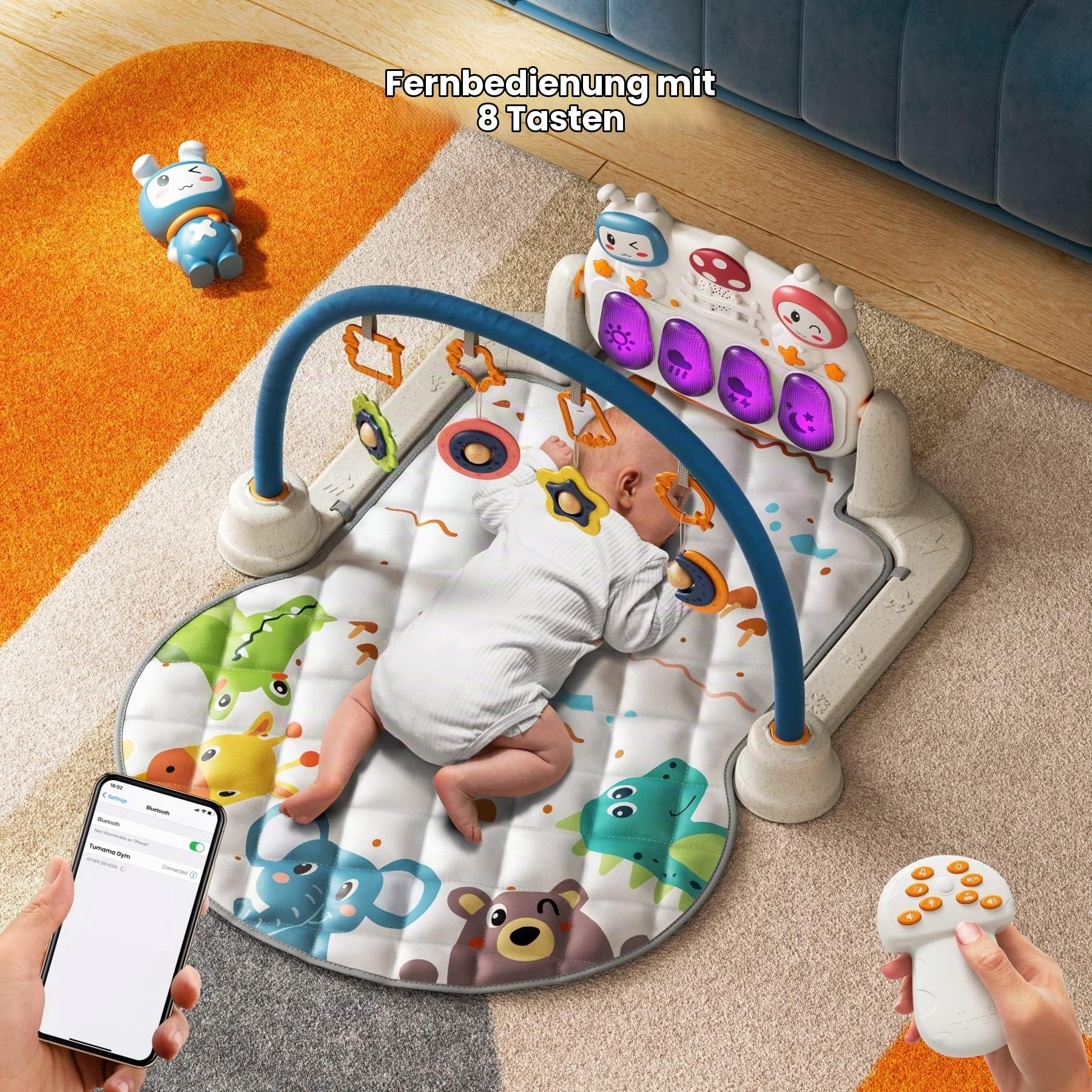 TUMAMA Baby Spielmatte,Krabbeldecke mit Musik und Lichtern,Spielmatte Baby mit Spielbogen,Baby Aktivitätsmatte,Lernspielzeug für Neugeborene Kleinkinder,Jungen und Mädchen(Animal)