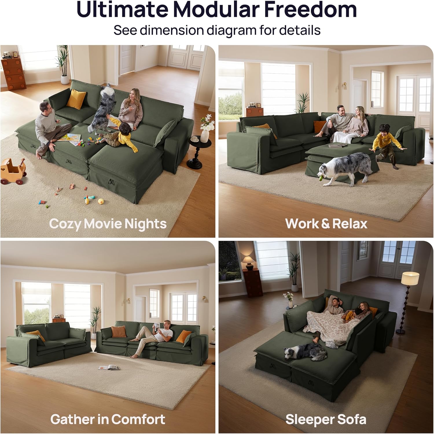 117.7" Washable Oversized Modular Sectional Sofa, Cloud Couch with Fully Removable Cover, Comfy Sectional Couches for Living Room, Performance Fabric, Green, 6-Seater with Corner & Ottoman, V-Shaped