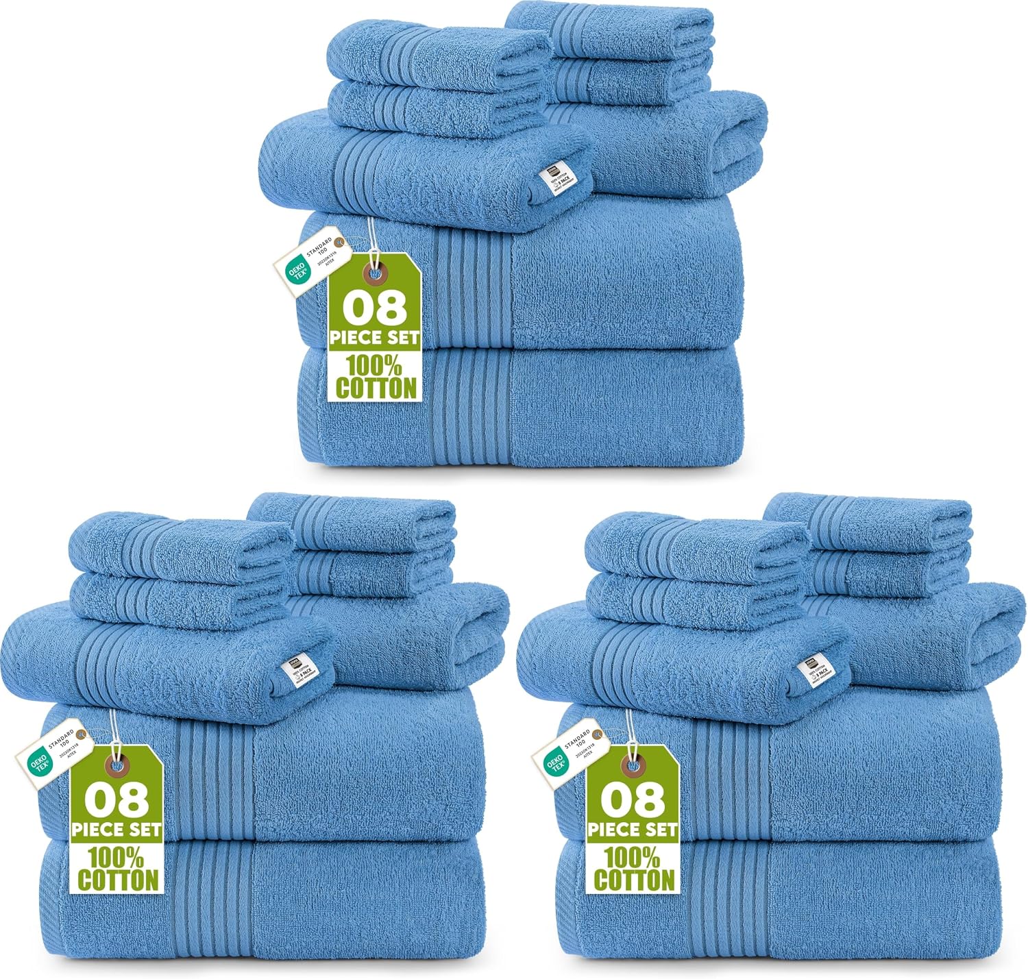 Utopia Towels 8 Piece Premium Towel Set, 2 Bath, 2 Hand, and 4 Washcloths, 100% Ring Spun Cotton, Highly Absorbent Towels for Bathroom, Sports, and Hotel, Electric Blue (Pack of 3)
