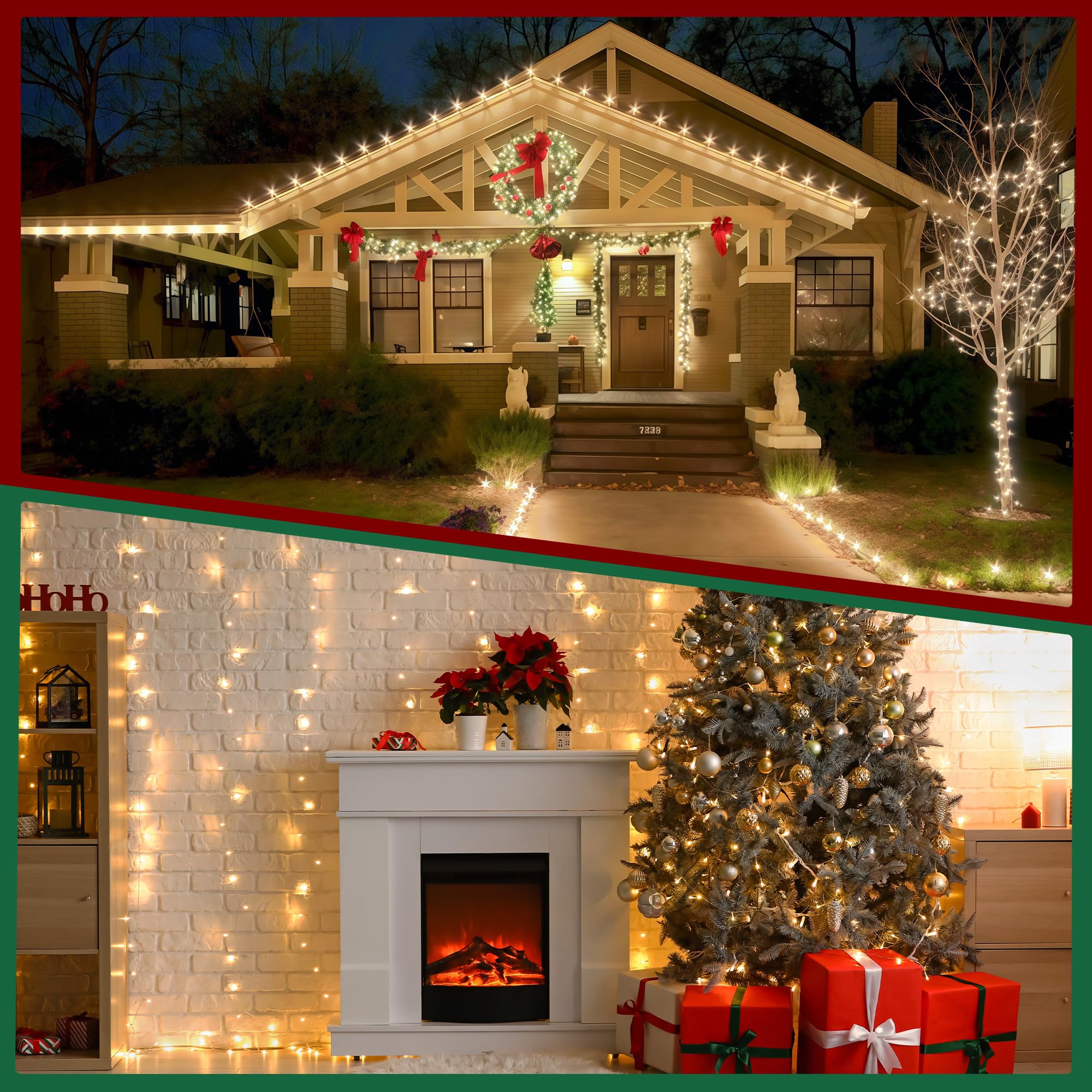 Guirnalda de luces de Navidad para interiores y exteriores, cable transparente, 200 luces LED de 66 pies conectables, luces de Navidad blancas cálidas para exteriores para dormitorio, 8 modos