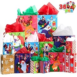 JOYIN 36 Pcs Christmas Bags with Tissue Papers and Tag, Assorted Sizes Set for Wrapping Xmas Holiday Presents, Thanksgiving Gift Decoration, Present Wrapping, School Classrooms, Party Favors