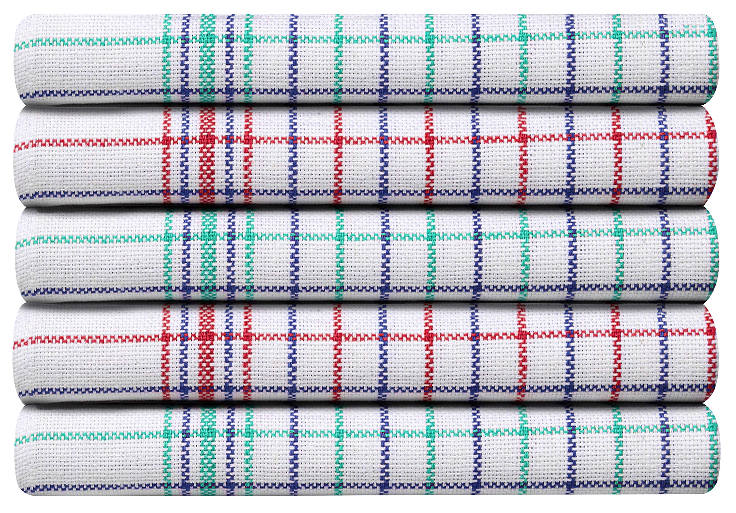 Pack of 5 Premium Caterer's Check Cotton Tea Towel, Heavy Duty Cleaning Drying Cloth| 100% Cotton | Super Absorbent | High Density Weave | Lint Free