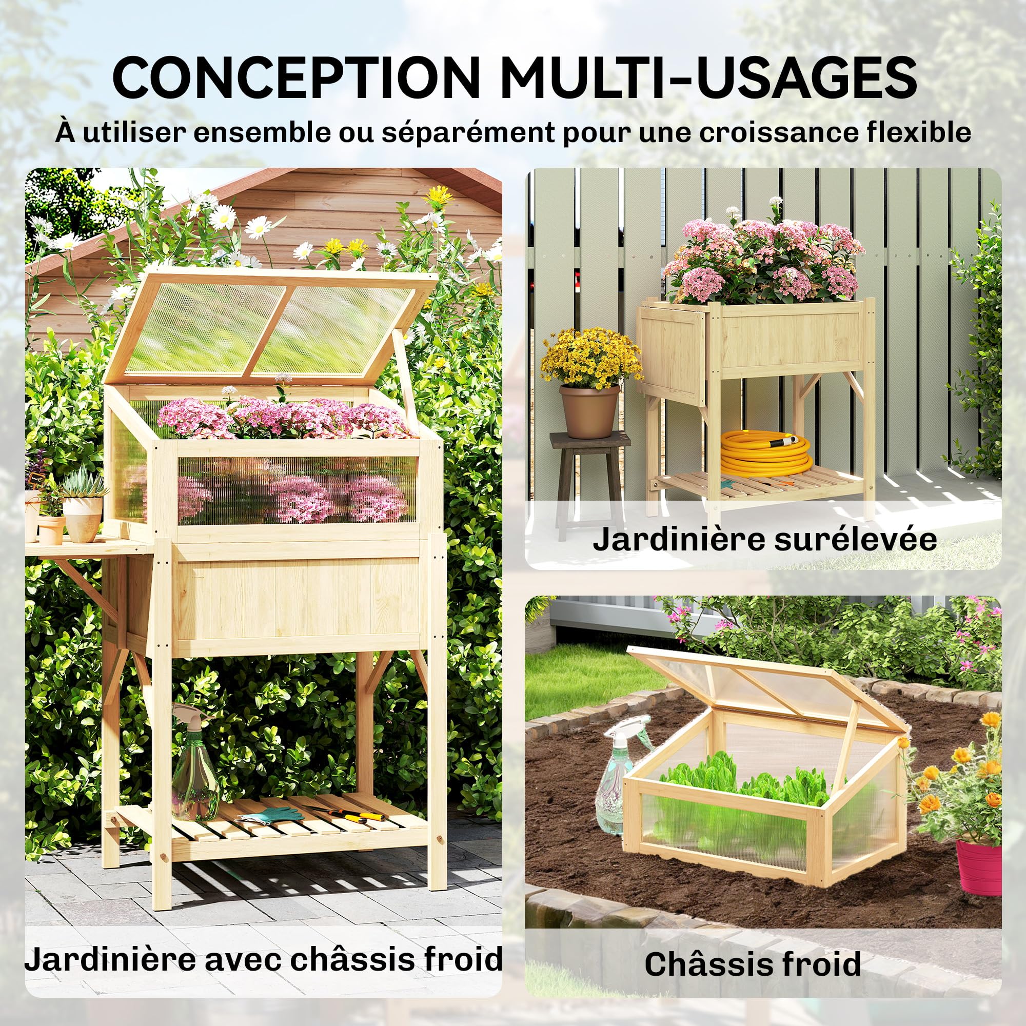 Outsunny Carré Potager sur Pieds avec Serre 104 x 50 x 120 cm Bois Naturel | Jardinière Surélevée en Bois, Table Latérale Pliante, Étagère de Rangement, pour Légumes, Fleurs, Herbes