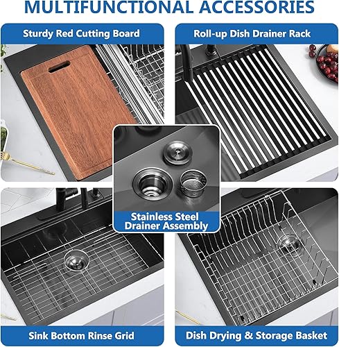 Miniatura 8 de Scamall SM019-4SBG - Fregadero de cocina negro con estación de trabajo de 33 pulgadas de calibre 16, acero inoxidable negro plomizo y montaje