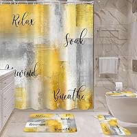 Vista 3 de Juego de 4 Piezas de Cortina de Ducha Amarilla y Gris, Juegos Completos de Baño con Cepillo Abstracto Moderno, Cubierta de Tapa de Inodoro, Tapete