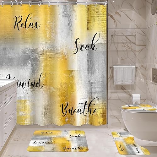 Miniatura 3 de Juego de 4 Piezas de Cortina de Ducha Amarilla y Gris, Juegos Completos de Baño con Cepillo Abstracto Moderno, Cubierta de Tapa de Inodoro, Tapete