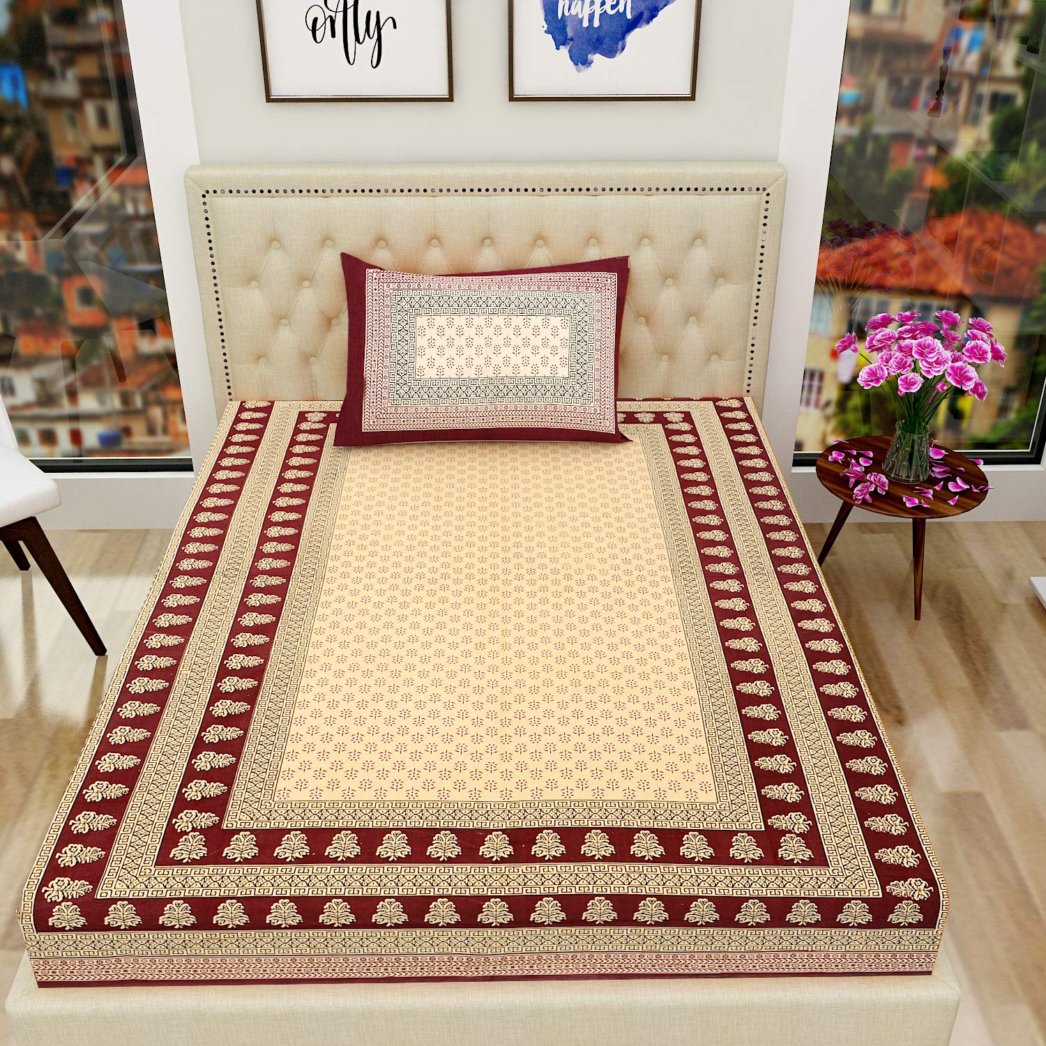 Fashiongrape Rajasthani Sanganeri Jaipuri Print 144 tc 100% Cotton Single Bedsheet with 1 Pillow Cover