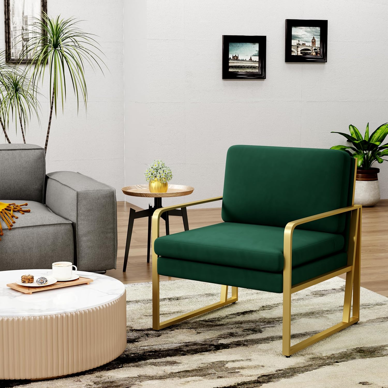 ALISH Accent Chairs Set of 2, Upholstered Armchair Modern Living Room Chairs Linen Arm Chair Side Sofa Chairs Reading Chairs with Metal Legs for Bedroom, Living Room (Green，Set of 2)