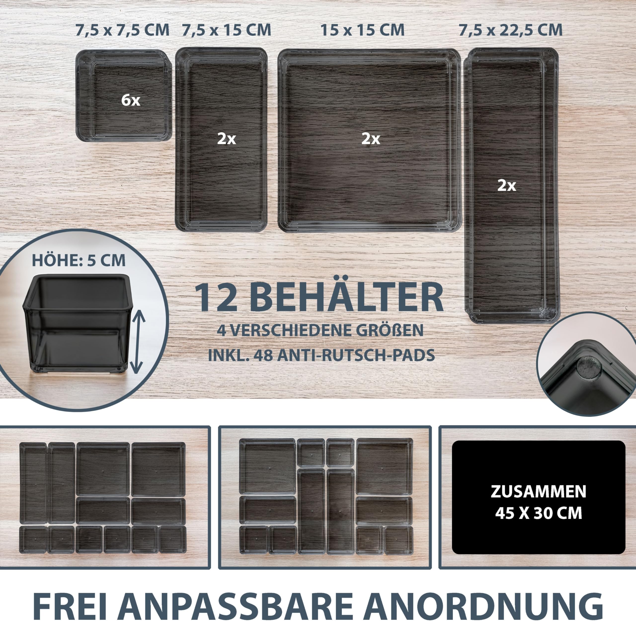 12-częściowy czarny + przezroczysty organizer do szuflad w zestawie podkładki antypoślizgowe w 4 różnych rozmiarach | system porządkowania do biura, łazienki, kuchni | organizer do makijażu do