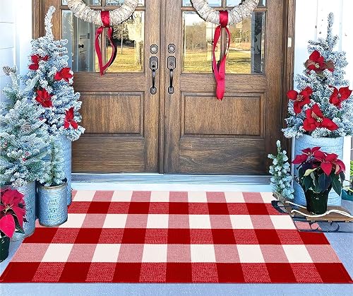 Christmas Outdoor Rugs 24 x 51''Red White Buffalo Plaid Front Porch Rug Hand-Woven Machine Washable Indoor/Outdoor Layer