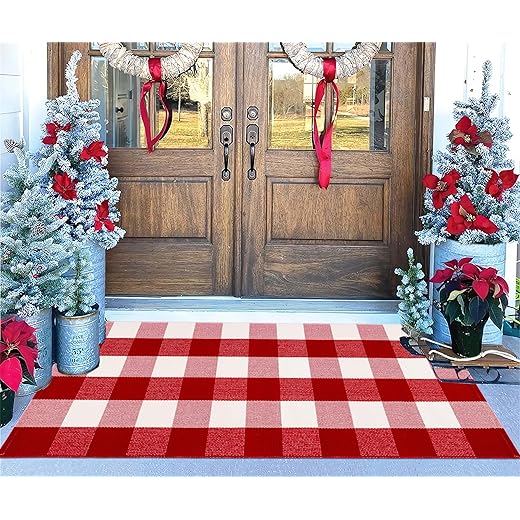 Christmas Outdoor Rugs 24 x 51''Red White Buffalo Plaid Front Porch Rug Hand-Woven Machine Washable Indoor/Outdoor Layered Door Mats for Entryway/Bedroom/Outdoor
