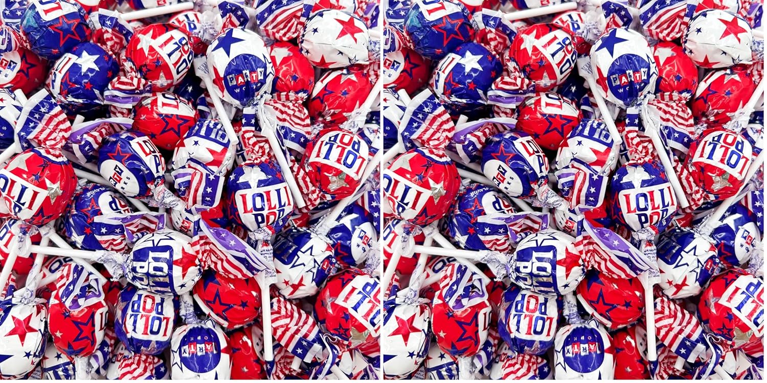 Fourth of July Candy 2 Pounds, 35 Count | Gum Filled Patriotic Lollipop Candy Bulk | Individually Wrapped Suckers | Blue Raspberry, Cherry, Vanilla Flavors (Pack of 2)