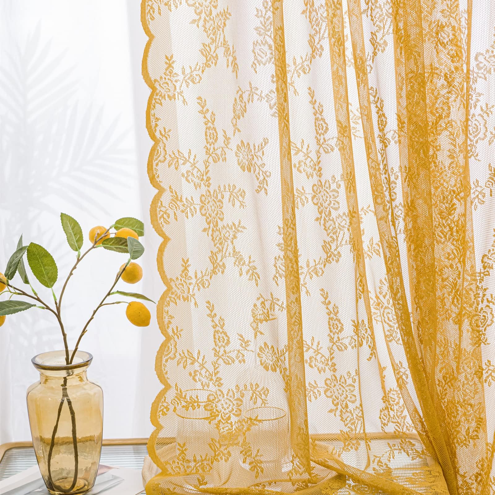 Deeprove Gold Lace Curtains 63 Inch Length 2 Panels Set for Bedroom, Knitted Sheer Floral Antique Vintage Shabby Chic Window Treatment Drape Pair for Farmhouse Christmas Decor, Rod Pocket W57 x L63