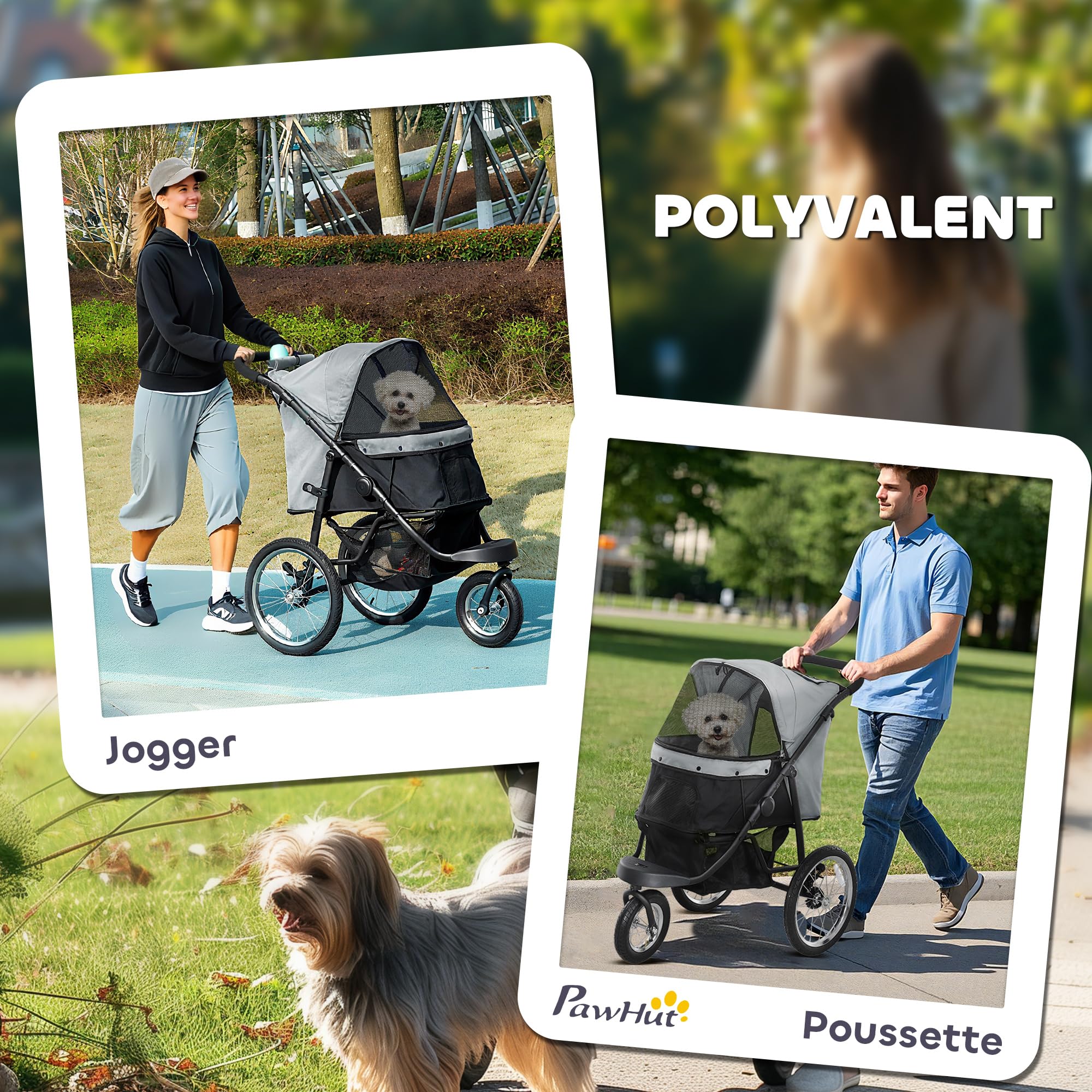 PawHut Carrozzina per cani pieghevole in un click, carrozzina per gatti con cestino portaoggetti, cuscino lavabile, guinzaglio di sicurezza, grandi ruote in gomma e capottina regolabile, grigio