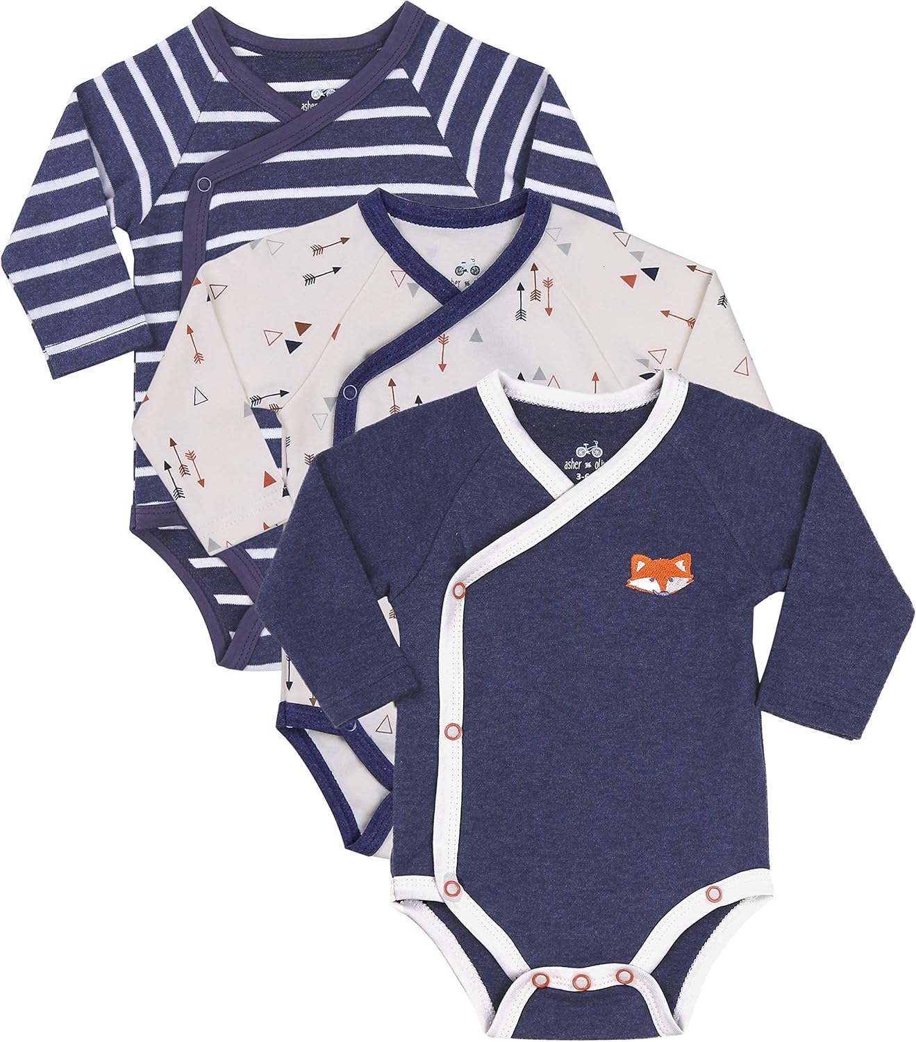 Asher and Olivia Baby Boy's 3-Pack Long-Sleeve Kimono Bodysuit Set: Side Snap Infant Clothes Bundle