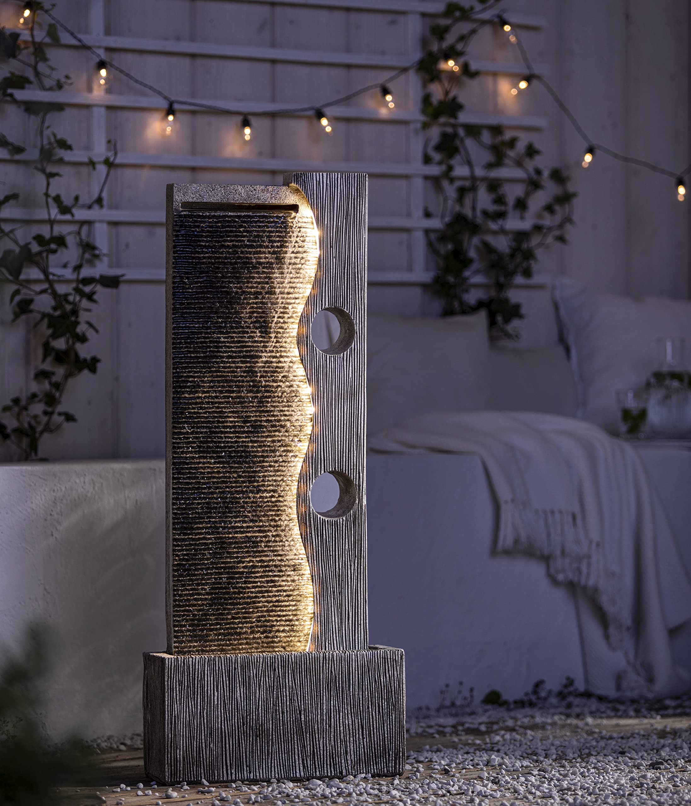 Dehner Fuente de jardín Eclipse con iluminación LED, Aprox. 100 x 40 x 19,8 cm, poliresina, Gris