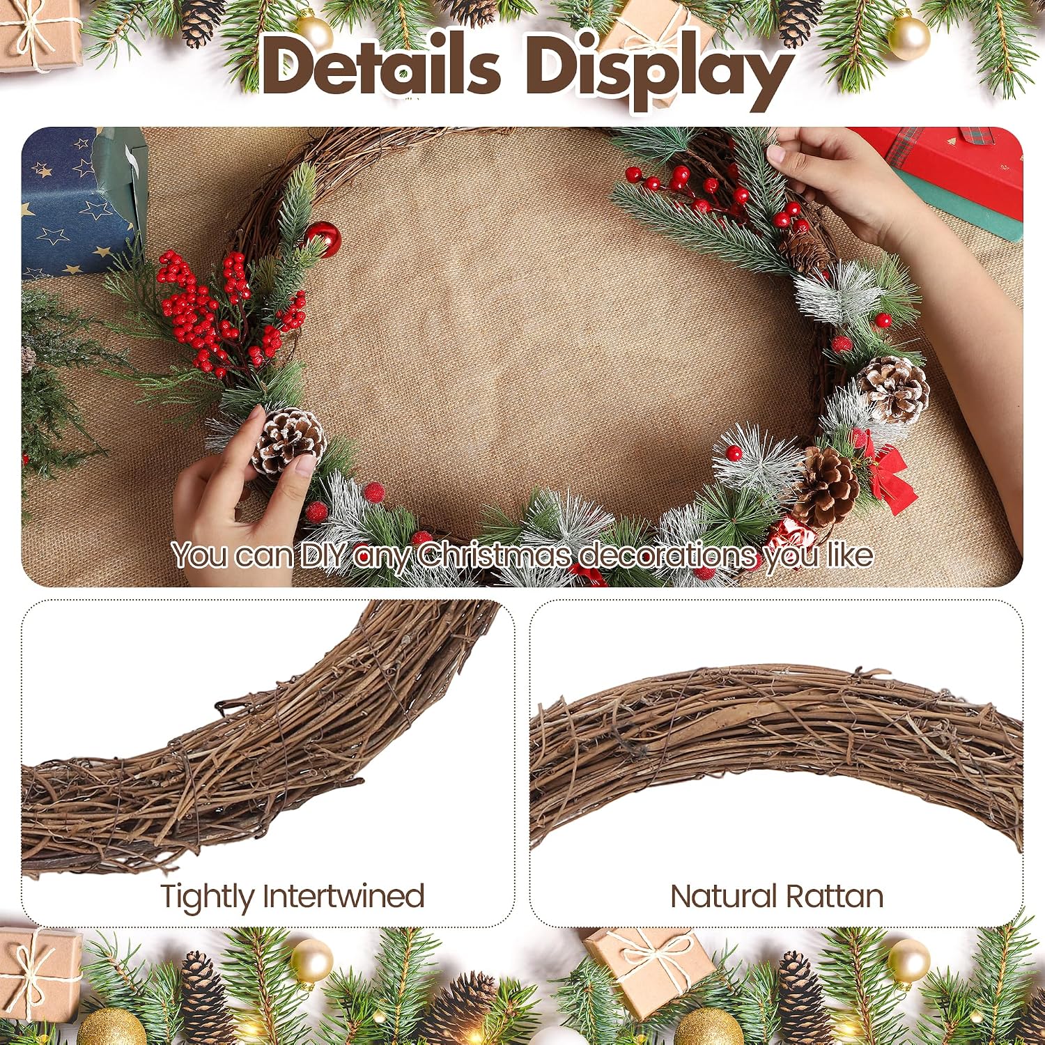 Ruisita 2 Pieces 18 Inch Grapevine Wreaths Vine Branch Wreath Natural Christmas Rattan Wreath Garland Decoration for Christmas Holiday Craft or Wedding Supplies