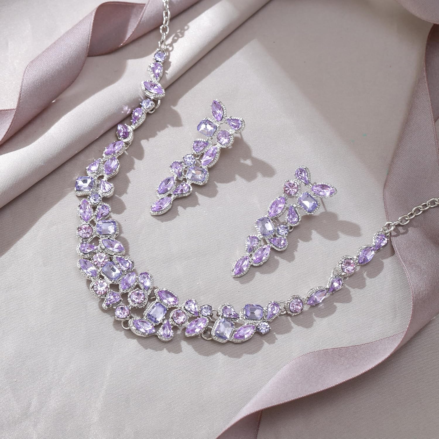 EVER FAITH Art Deco Crystal Bridal Prom Jewelry Set for Women Bride Bridesmaid, Rhinestone Geometric Statement Choker Necklace Dangle Earrings Costume Accessories for Wedding Party - Image 4