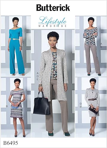 Butterick Patterns Top de punto con hombros descubiertos, vestido y mono, chaqueta suelta y pantalones sin cierre