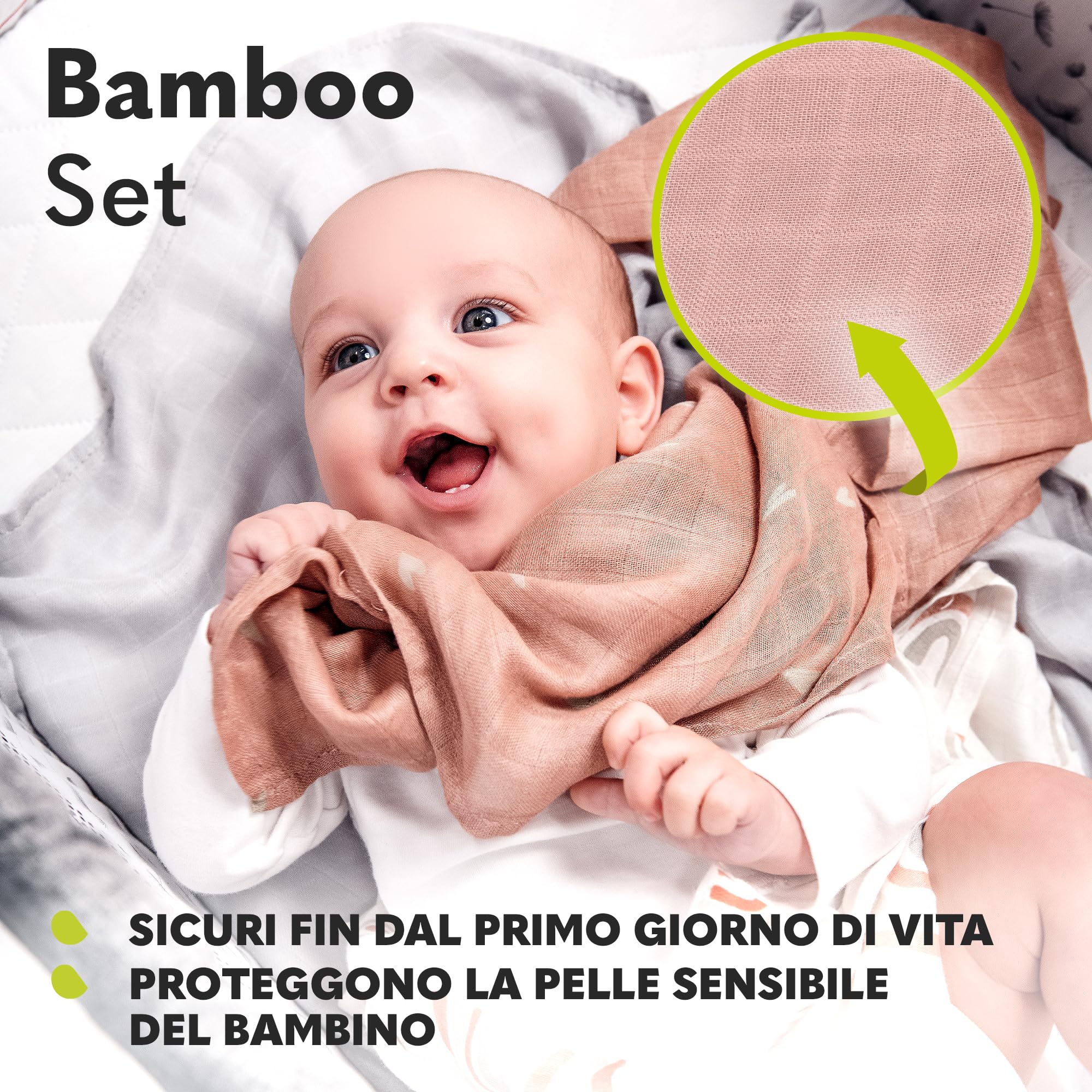 Lionelo Bamboo Set 3 Pezzi Mussole per neonato 70x70 cm in cotone bambù 100% naturale, Sicure dal primo giorno di vita, Antibatteriche Antimicotiche Ipoallergeniche Morbide Fasciatoio odori resistenti